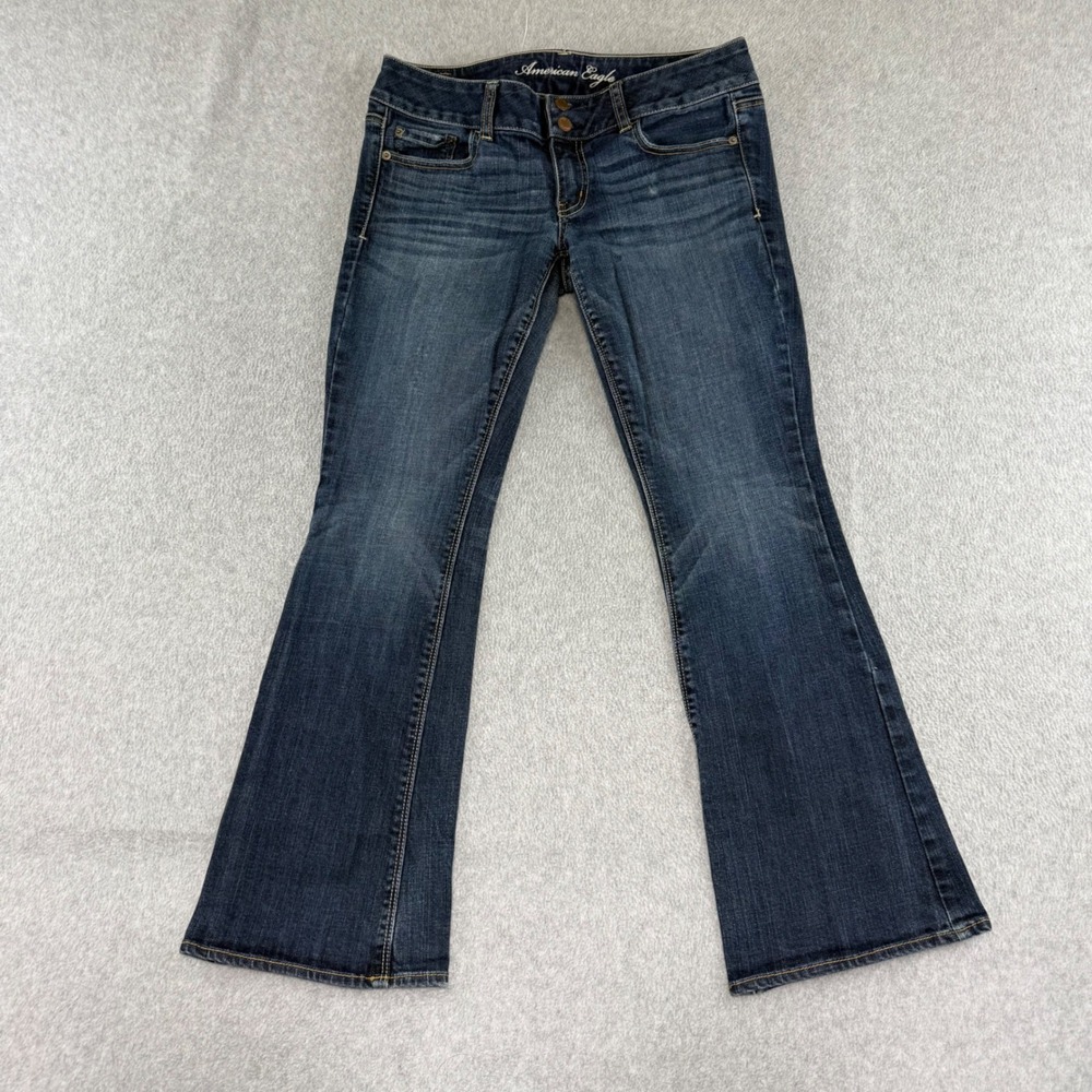 American Eagle Artist Flare Jeans Womens 8 Short Blue Dark Wash Low Rise Stretch